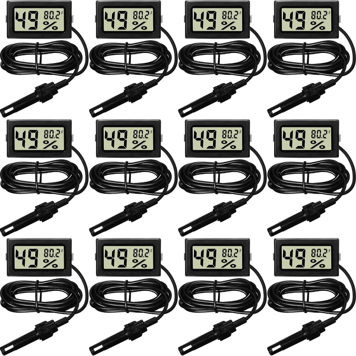 Weewooday Mini Digital Temperature Humidity Meters Gauge with Probe Gauge LCD Fahrenheit Display Thermometer Hygrometer for Incubator Reptile Plant Greenhouse Chicken Coop Garden(Black, 12 Pieces)