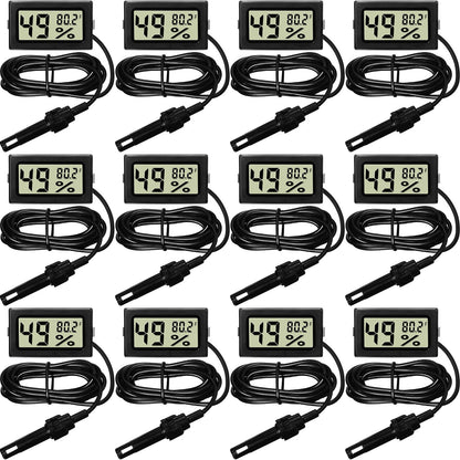 Weewooday Mini Digital Temperature Humidity Meters Gauge with Probe Gauge LCD Fahrenheit Display Thermometer Hygrometer for Incubator Reptile Plant Greenhouse Chicken Coop Garden(Black, 12 Pieces)