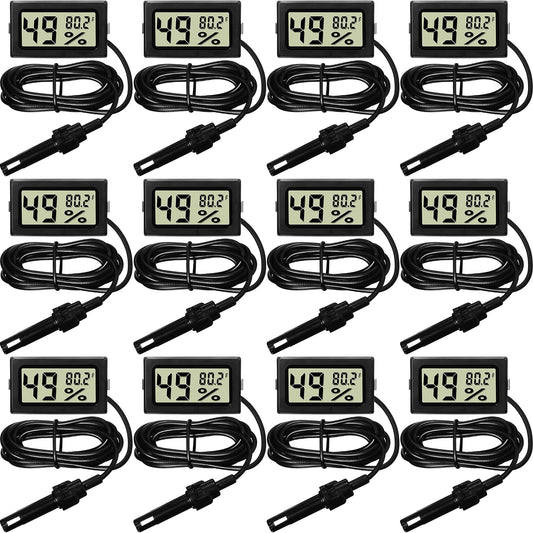 Weewooday Mini Digital Temperature Humidity Meters Gauge with Probe Gauge LCD Fahrenheit Display Thermometer Hygrometer for Incubator Reptile Plant Greenhouse Chicken Coop Garden(Black, 12 Pieces)