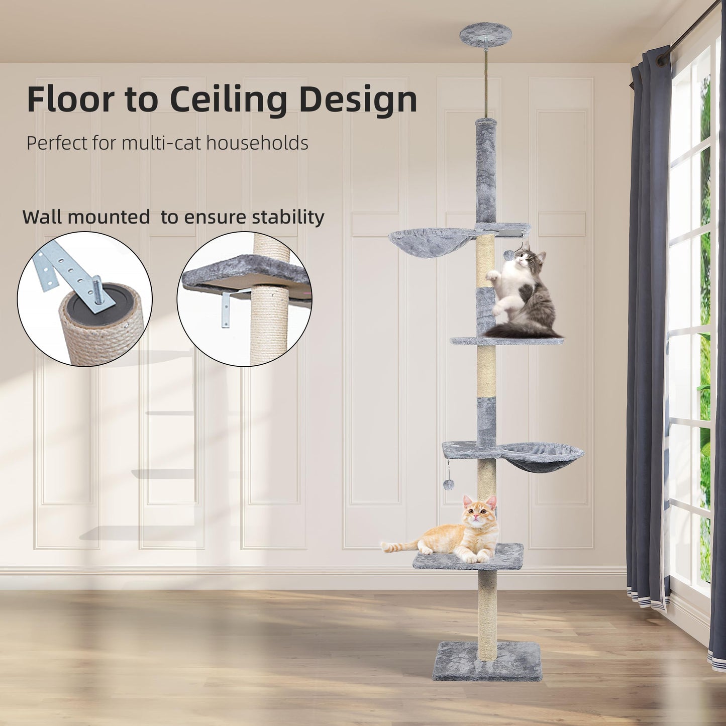 Roypet Adjustable 93"-116" Tall Cat Climbing Tree 5-Tier Kitty Activity Center Floor-to-Ceiling Climber Toy with Hanging Hammock and Scratching Posts Cat Furniture,Grey