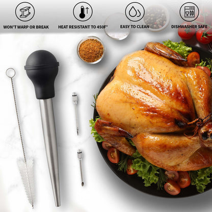 Zulay Kitchen Stainless Steel Turkey Baster for Cooking - Food Grade Metal Baster Syringe & Silicone Suction Bulb - Large Size With 2 Detachable Needles and Cleaning Brush