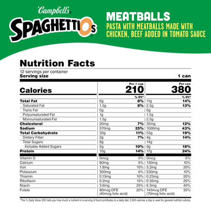 SpaghettiOs Canned Pasta with Meatballs, Healthy Snack for Kids and Adults, 15.6 OZ Can (Pack of 12)