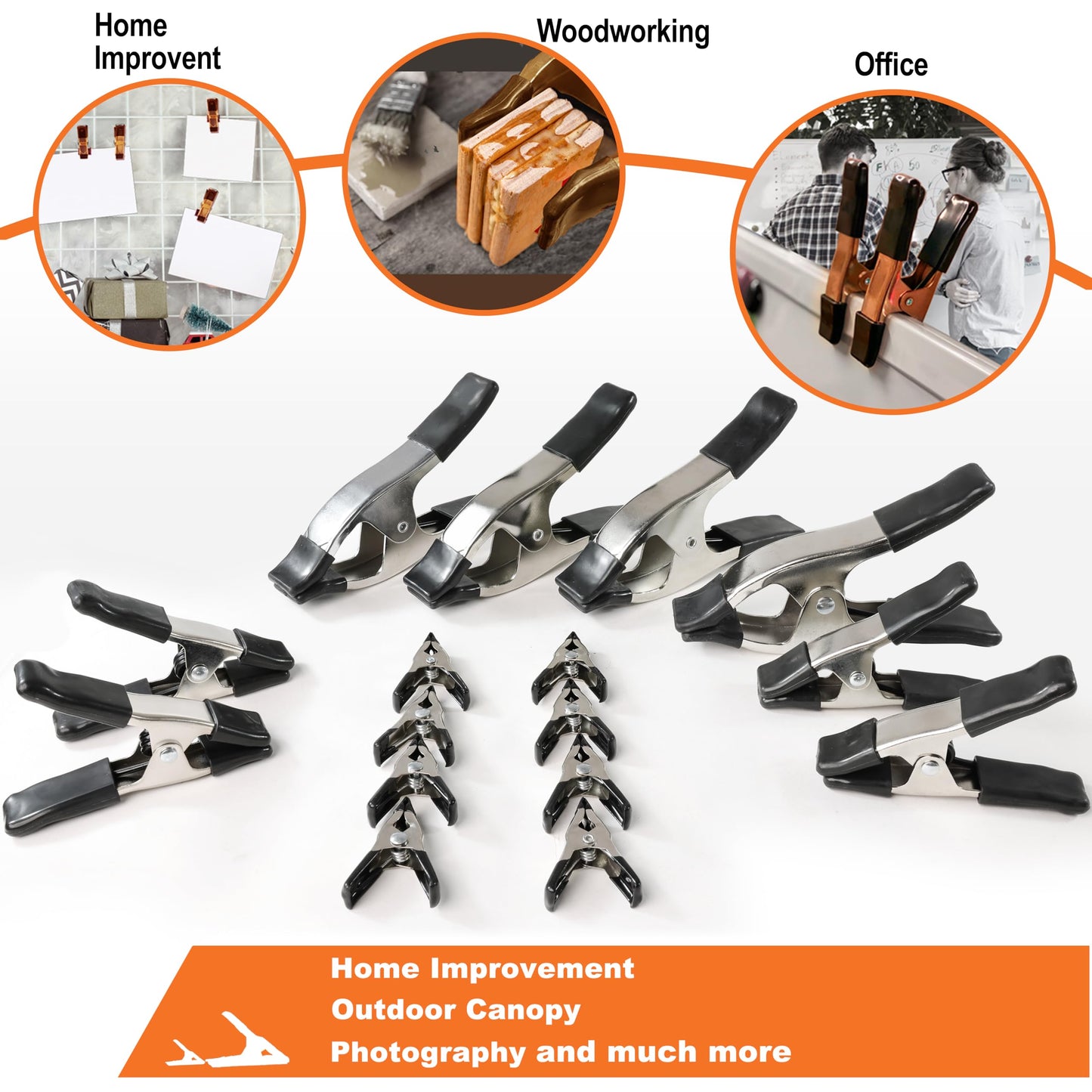 Wellmax 16PC Nickel-Plated Metal Spring Clamps Set - Heavy Duty Clips for Woodworking, Photography Backdrops, and More - Includes 8pc 2 Inch, 4pc 4 Inch, and 4pc 6 Inch Clamps