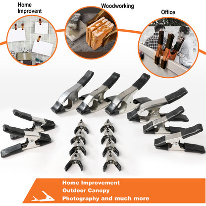 Wellmax 16PC Nickel-Plated Metal Spring Clamps Set - Heavy Duty Clips for Woodworking, Photography Backdrops, and More - Includes 8pc 2 Inch, 4pc 4 Inch, and 4pc 6 Inch Clamps