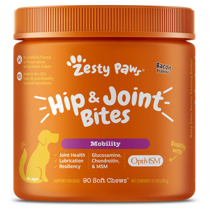 Zesty Paws Hip and Joint for Dogs, Glucosamine for Dogs Hip and Joint Supplement with Chondroitin, MSM, Vitamins C & E - Bacon, 90 Count