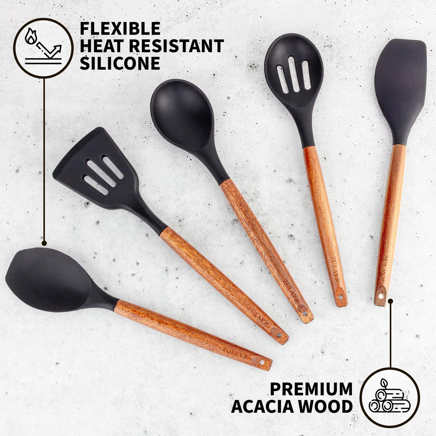 Zulay Kitchen Non-Stick Cooking Utensils Set with Authentic Acacia Wood Handles – 5-Piece Durable & Stylish Silicone Kitchen Utensils Set – Heat Resistant to 464°F – Black