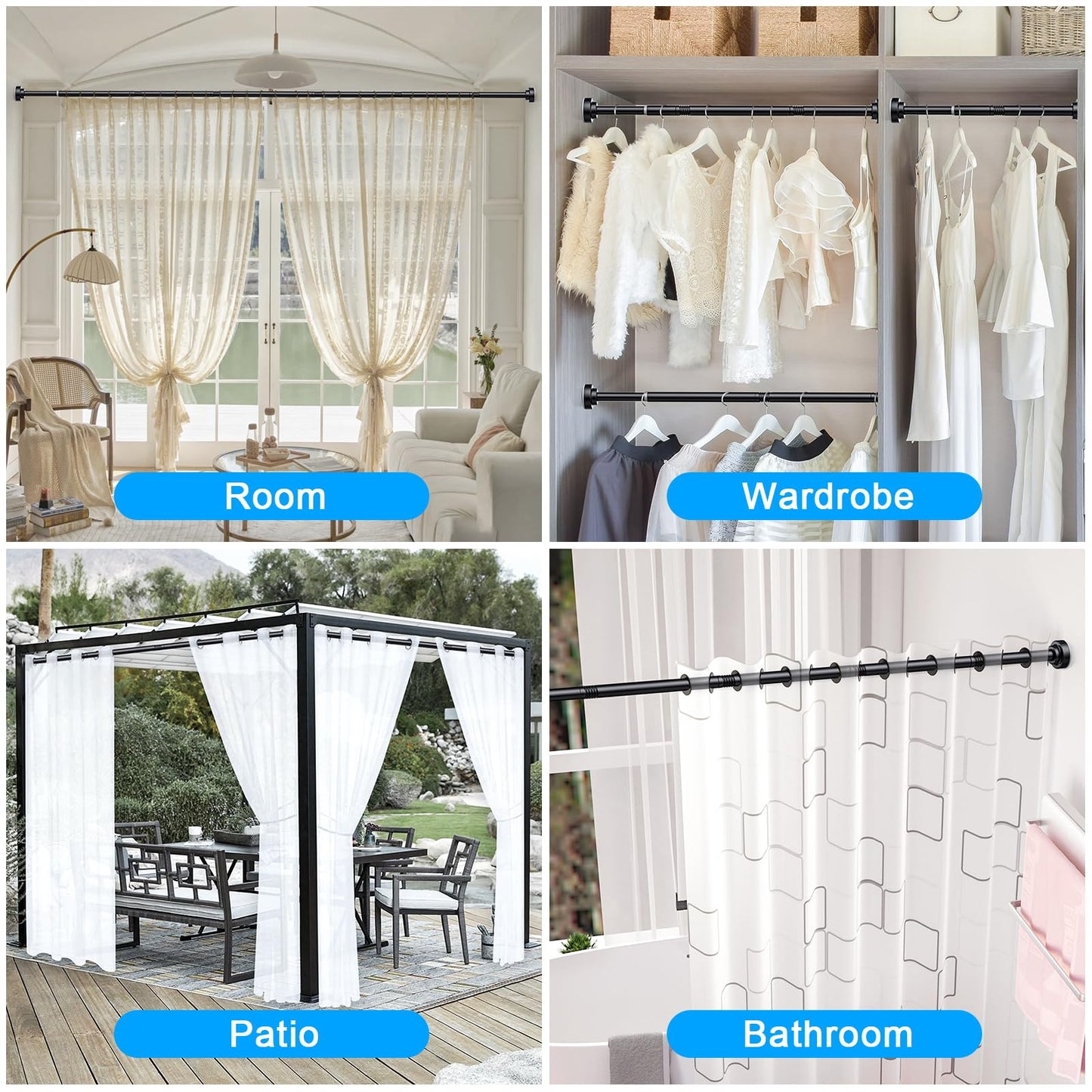 TEECK Shower Curtain Rod, 27-76 inch Adjustable Spring Tension Curtain Rod, Never Rust Anti-Slip Shower Curtain Rod for Bathroom, No Drilling, Never Collapse, Easy to Use, Black