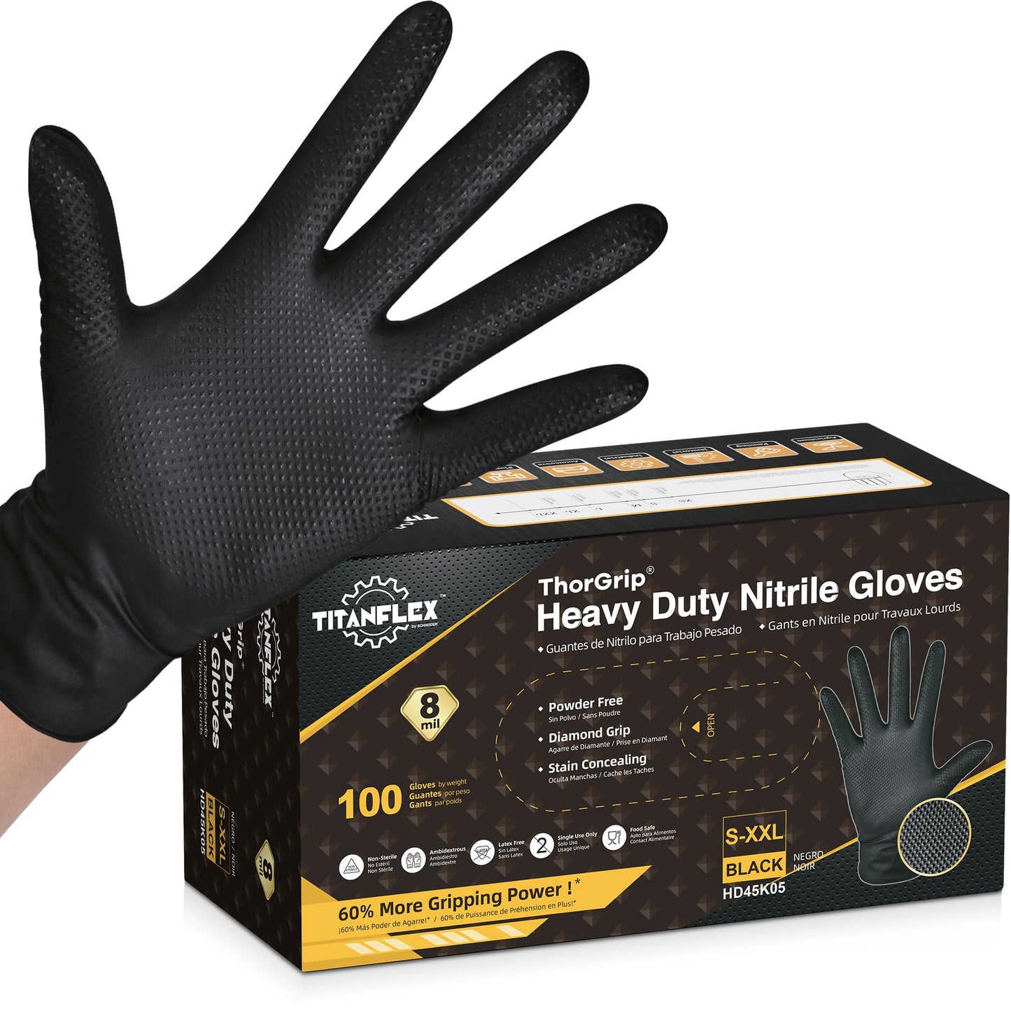 TitanFlex Heavy Duty Black Industrial Nitrile Gloves, 8-mil, XL, Box of 100, Latex Free, Raised Diamond Texture, Powder Free, Food Safe, Rubber Gloves, Mechanic Gloves