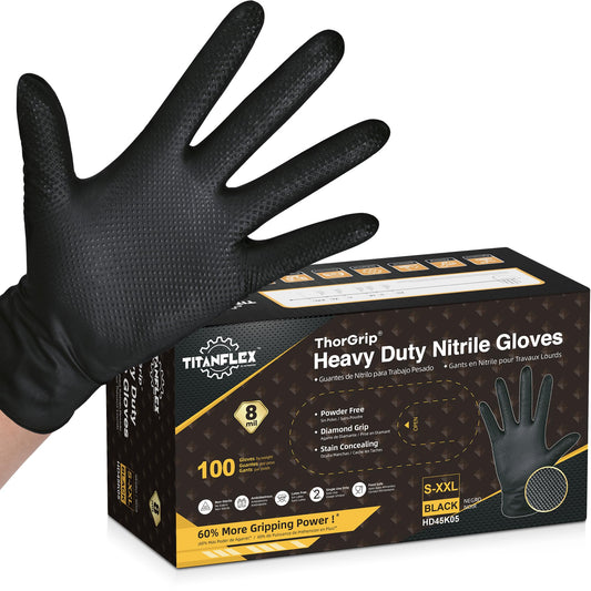 TitanFlex Heavy Duty Black Industrial Nitrile Gloves, 8-mil, XL, Box of 100, Latex Free, Raised Diamond Texture, Powder Free, Food Safe, Rubber Gloves, Mechanic Gloves