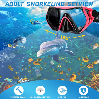 Snorkel mask Snorkeling Set for Adults and Youth, Diving mask and Full Dry Snorkel Swim Googles is Suitable for Snorkeling, Dive Scuba Diving, Swimming (Black+Pink（2 Set）)