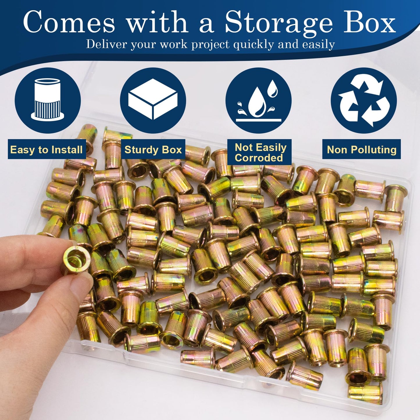 Vifmy 1/4 Rivet Nut, 115Pcs Carbon Steel Zinc Rivet Nuts 1/4-20, 1/4 20 Threaded Insert Rivnut, 1/4 UNC Rivets Nutsert, Flat Head 1/4 x 20 RIV Nuts