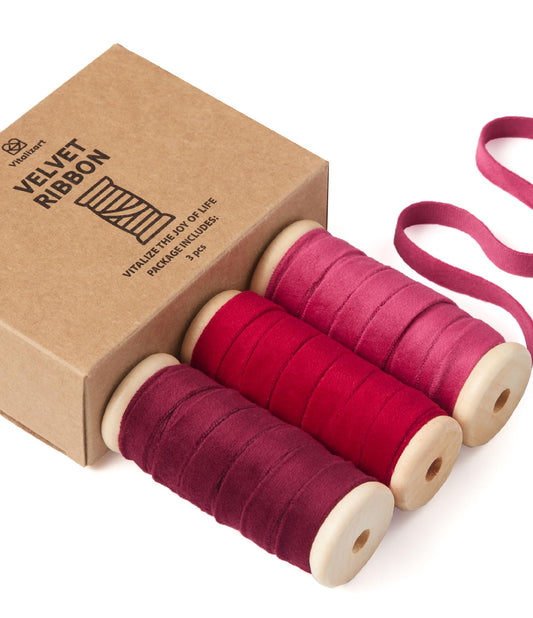 Vitalizart Red Velvet Ribbon Set 3/8" x 15 Yd Burgundy Fabric Trim 3 Rolls * 5 Yd for Christmas Wreath Decoration Handmade Craft Ornaments Gift Wrapping & Bow Making