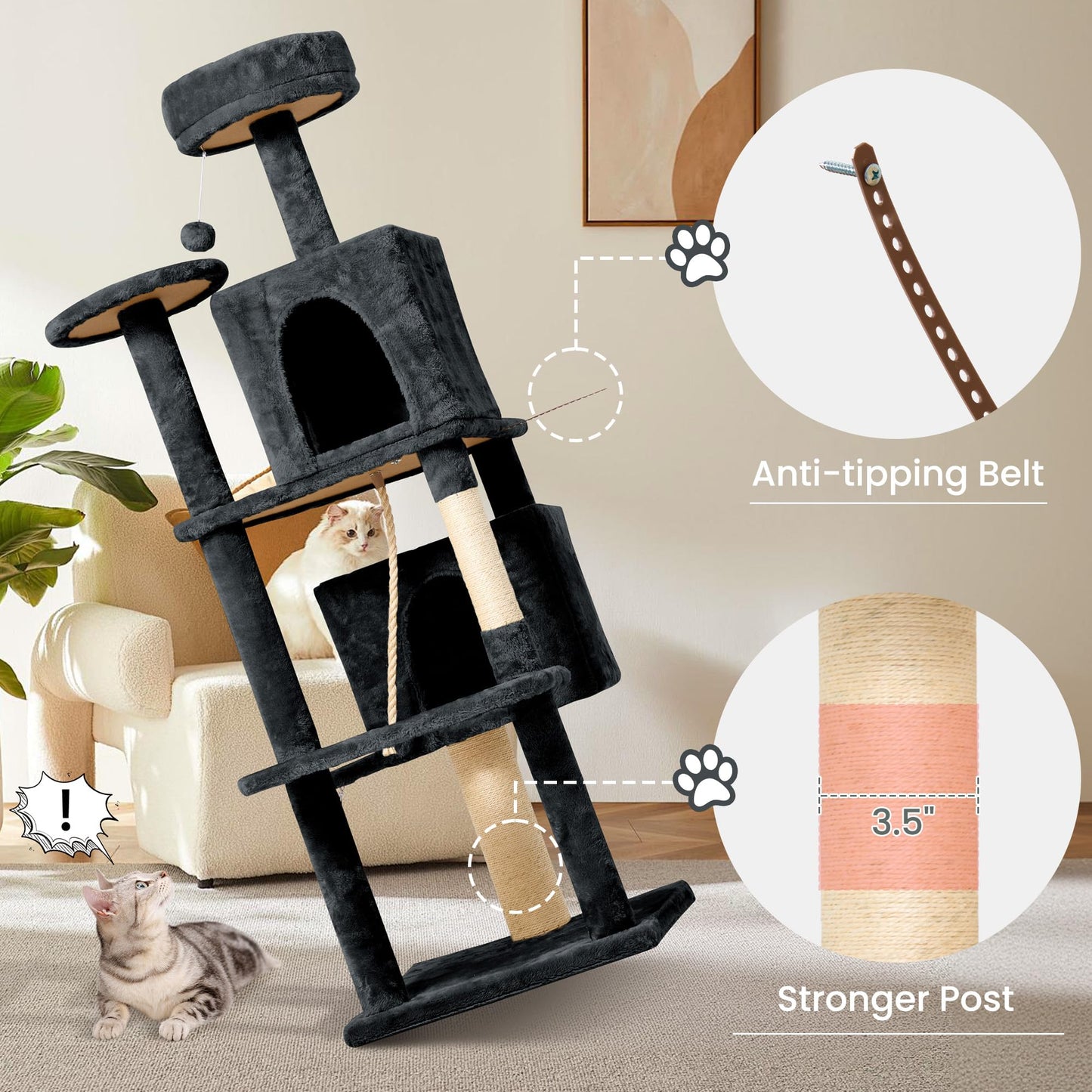 TSCOMON 58.5inch Large Cat Tree Tower Condo for Indoor Cats, Soft Plush Multi-Level Climbing Tree Cat House with 1 360° Rotating Cat Cave, Scratching Post, More Entrance/Exit, Sisal Rope, Grey Black