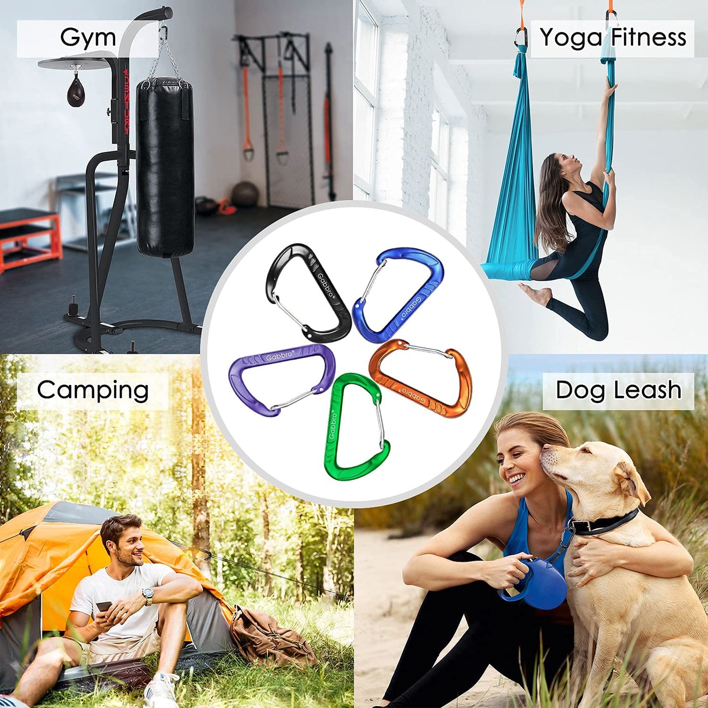 Gabbro Carabiner Clips Heavy Duty 12kN (2697 lbs), | 3.2 Inch, Aluminum, Wiregate Snap, Lightweight, 4 Pack | for Hammock, Hiking, Camping, Water Bottle, Dog Leash Harness, Keychains Black