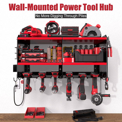 Spampur Power Tool Organizer with Charging Station, 6 Drill Holders Wall Mount, Heavy Duty Metal Premium Garage Tool Shelf, Gift for Man Cordless Tool Storage Rack with 4 Outlet Power Strip - Red
