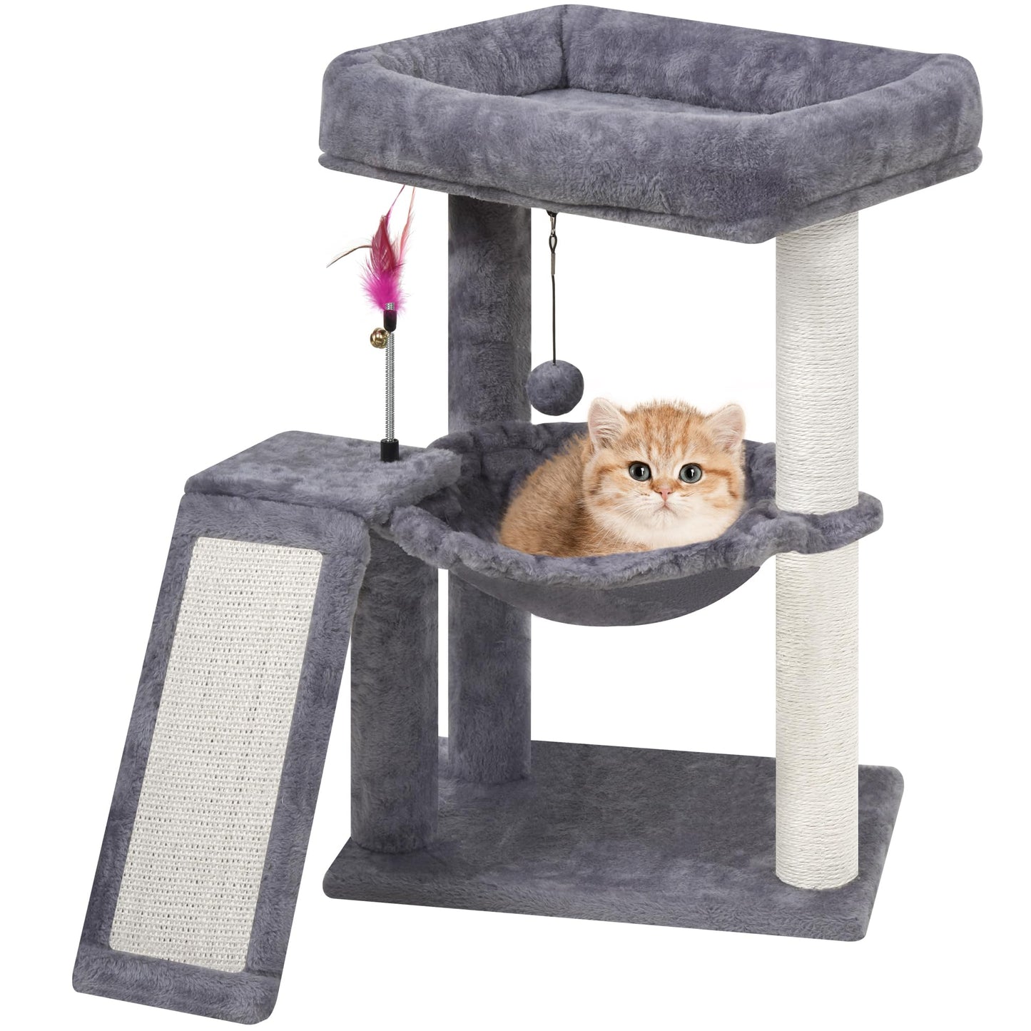 YOUPET Cat Tree with Cat Scratching Post for Indoor Cats, Cat Tower with Scratching Board and Playful Toy Balls, Cat Tree Tower with Cozy Hammock,Grey
