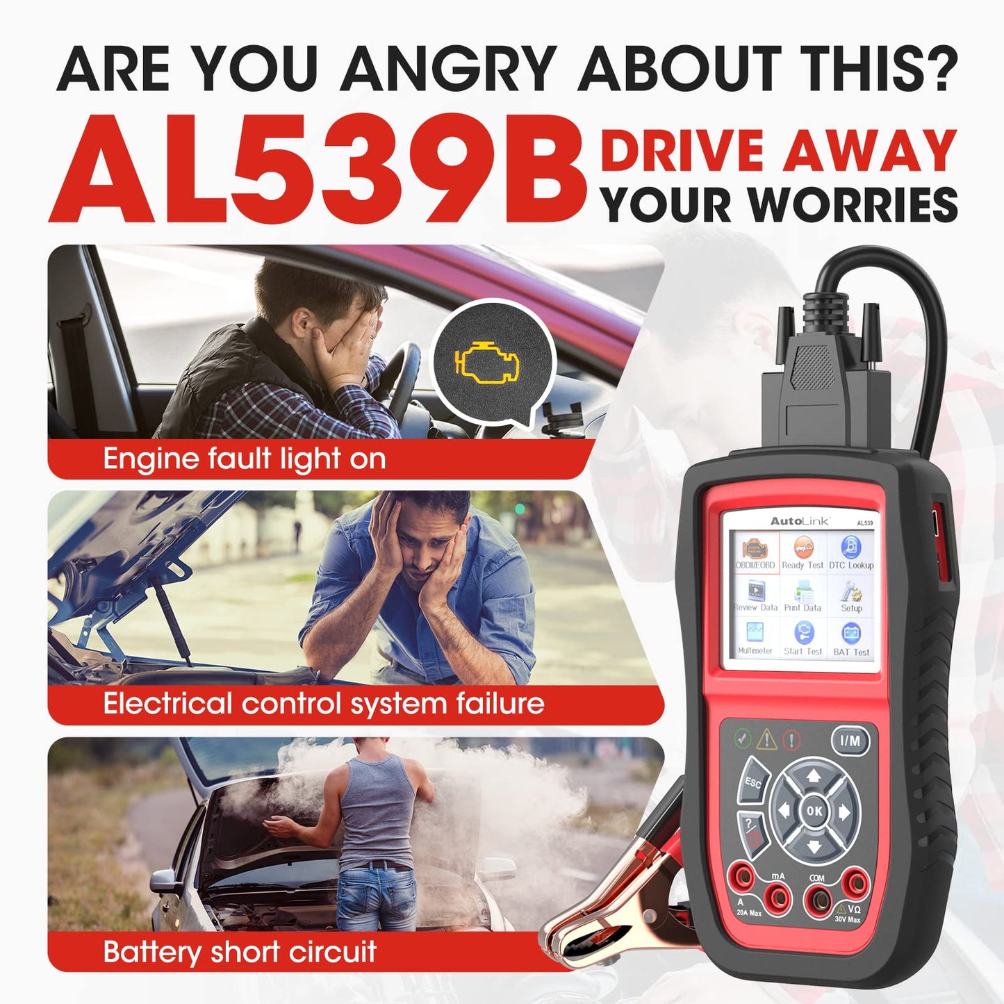 Autel AL539B OBD2 Scanner, 3-in-1 Code Reader Battery Tester Avometer for 12 Volts Batteries, Full OBDII Diagnosis and Circuit Starting & Charging Systems Test, All Enhanced Ver. of AL519 AL539