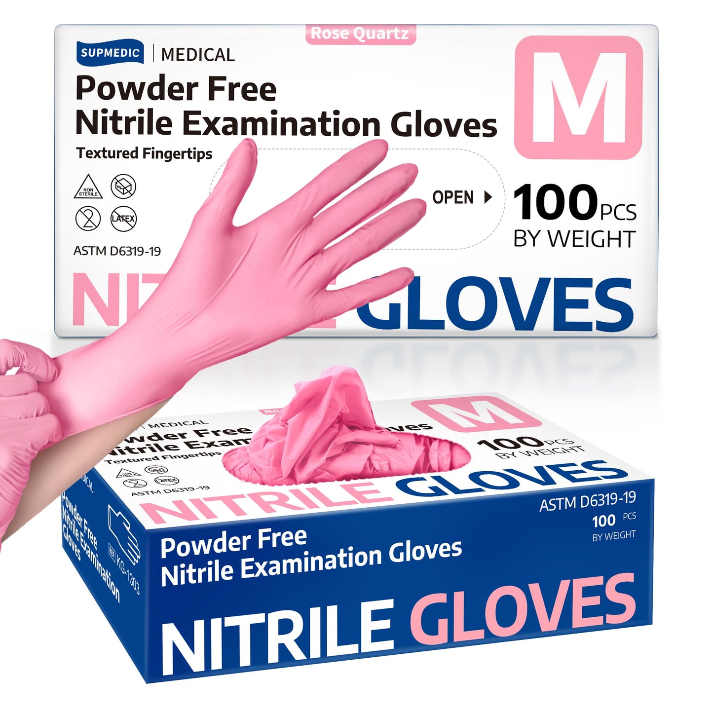 Supmedic Medical Nitrile Exam Gloves, 3.5 mil Powder-Free Food-Safe Disposable Glove for Cleaning & Esthetician, Rose Quartz 100 Pcs (Medium)