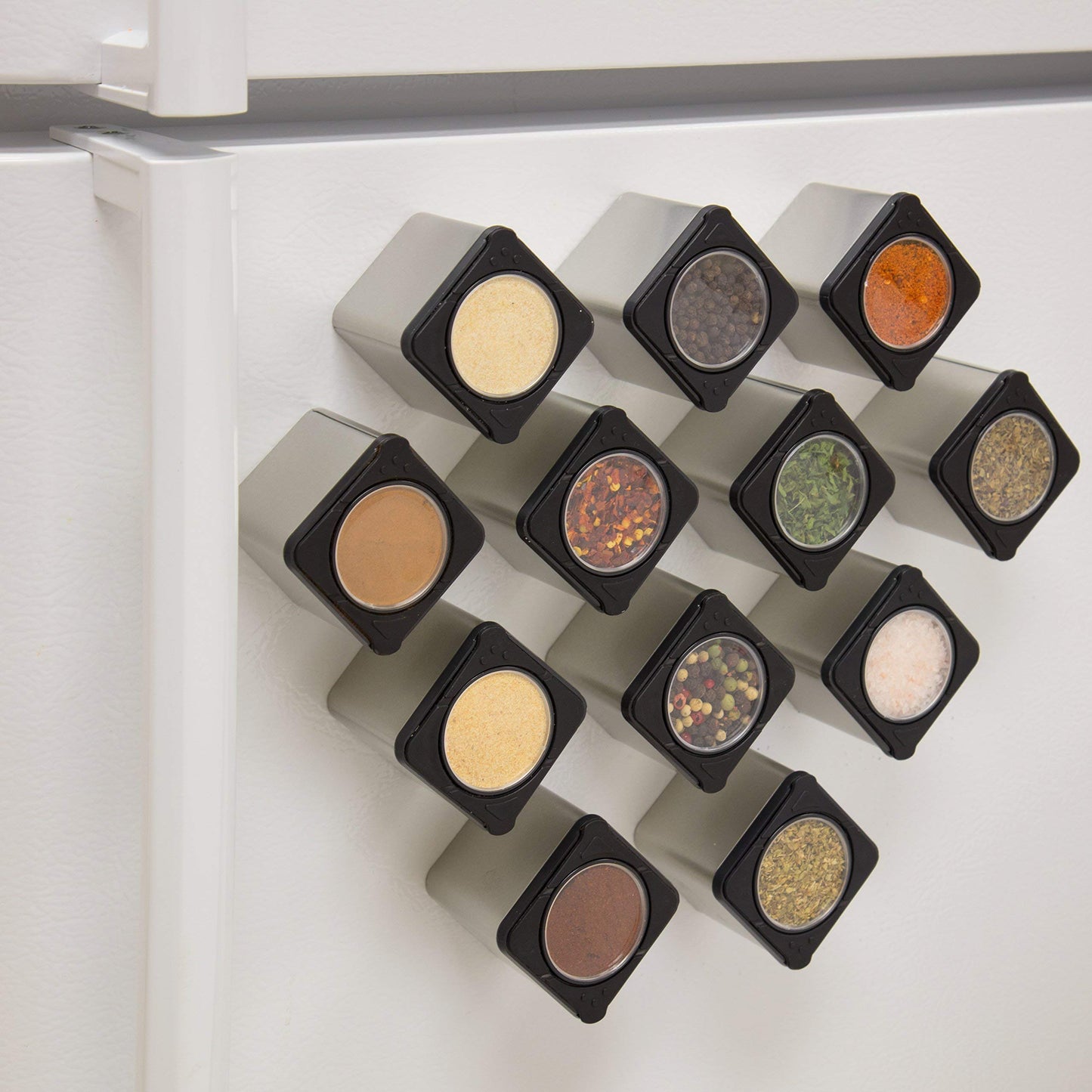 Set of 12 Magnetic Spice Jars, Shake or Pour Containers - Attaches to Most Refrigerator Doors & Appliances, Seasoning Dispensers- Easy Open Window Top Shakers Metal- Space Saving Kitchen Essential