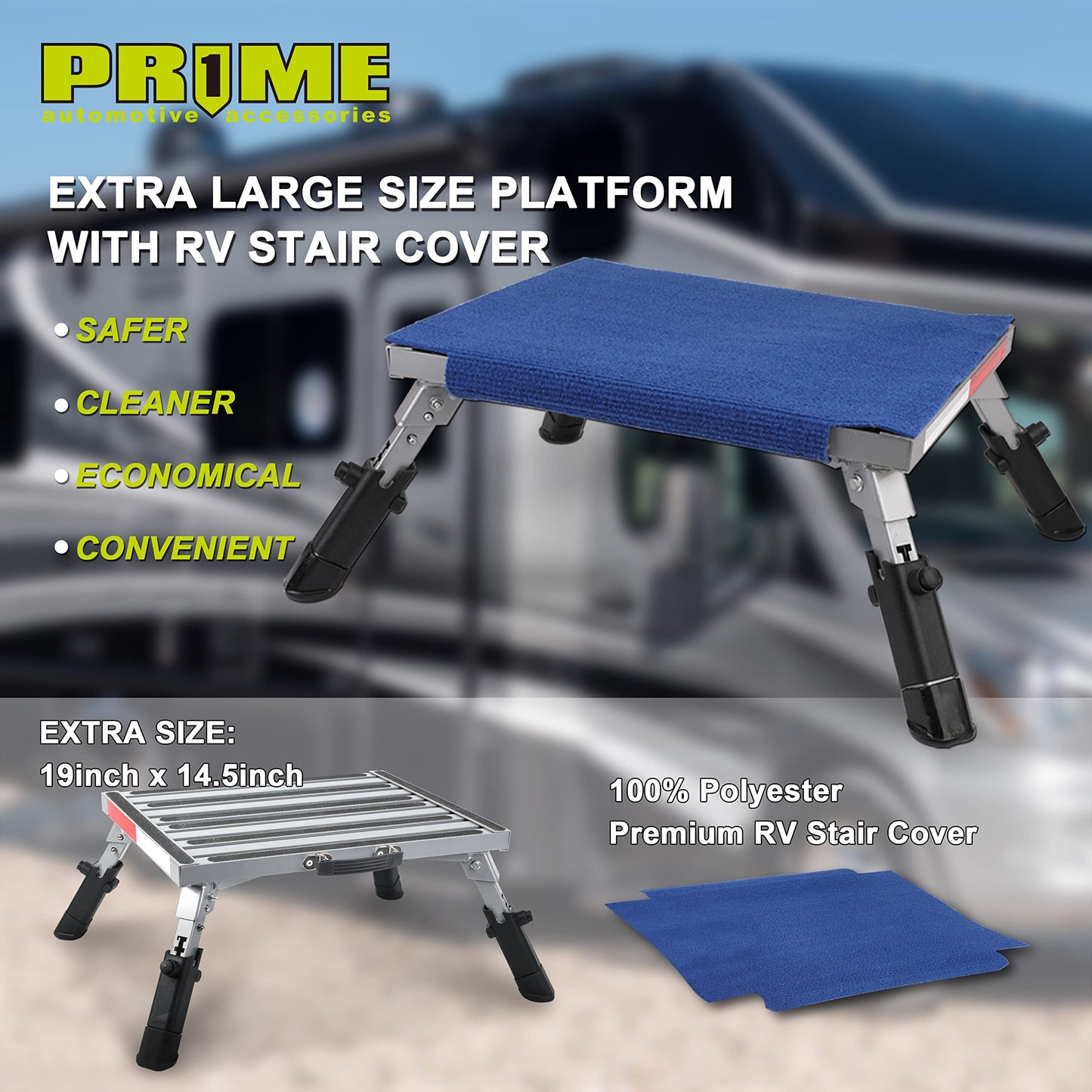 PR1ME Safety RV Steps, 19" x 14.5" Extra Large RV Step Stool with Glow, Camper Step Stool, Non-Slip Folding Step Stool and Ladder for RV, with 100% Polyester Step Rug RV Stair Cover, Up to 600lbs