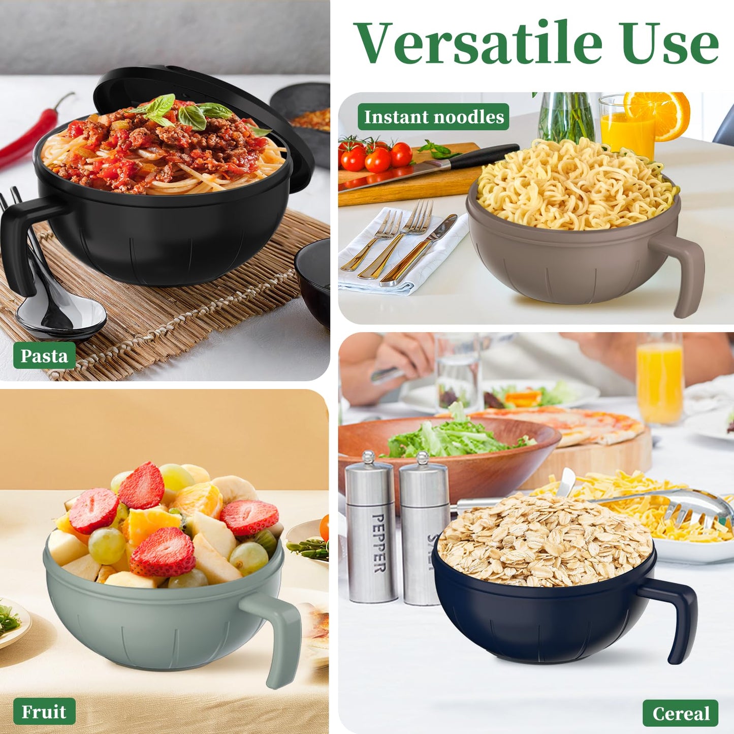 steo spce Large Ramen Bowl Set, 40 Oz Microwaveable Noodle Cooker with Leak-Proof Lids, Chopsticks, Spoon & Fork – Portable and Dishwasher Safe, Ideal for Home, Office, Dorm, or Gift Light (Black)