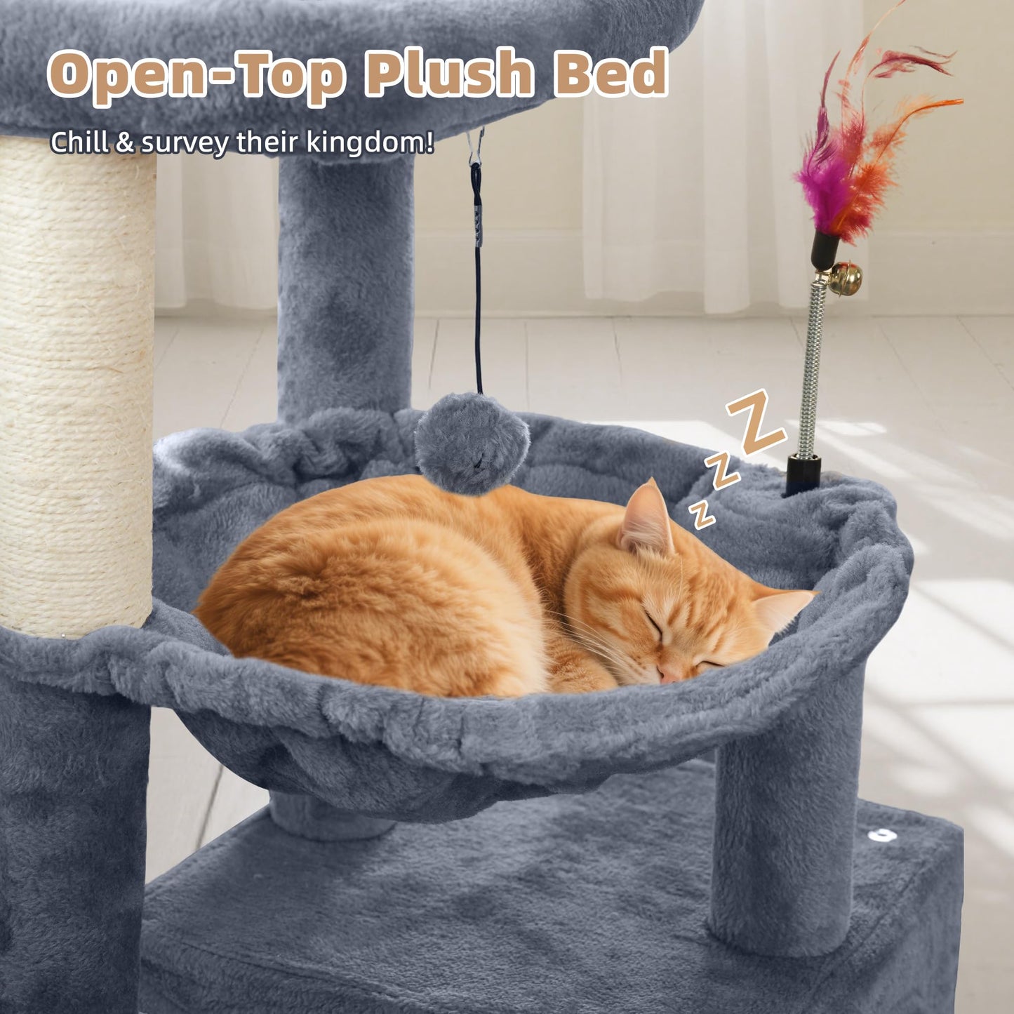 Tuaoeef Cat Tree with Cat Condo and Two Hammocks, Cat Tree with Scratching Posts and Scratching Pads, Cat Tower for Indoor Cats, Activity Centre Climbing Tree with Playful Toy Balls, Grey