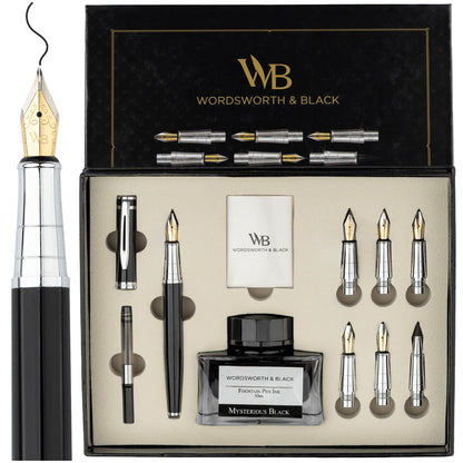 Wordsworth & Black Calligraphy Pen Gift Set, Includes Bottle, 6 Cartridges, Refill Converter, 6 Replacement Nibs, Premium Package, Journaling, Smooth Writing Pens [Black Chrome]
