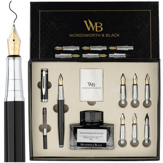 Wordsworth & Black Calligraphy Pen Gift Set, Includes Bottle, 6 Cartridges, Refill Converter, 6 Replacement Nibs, Premium Package, Journaling, Smooth Writing Pens [Black Chrome]