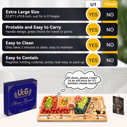 UTCG Bamboo Charcuterie Board Set - Large Folding Cheese Board with Knife Set - Unique White Elephant Gift, House Warming Gift, Wedding Gifts - 22.8 x 11.4 Inches