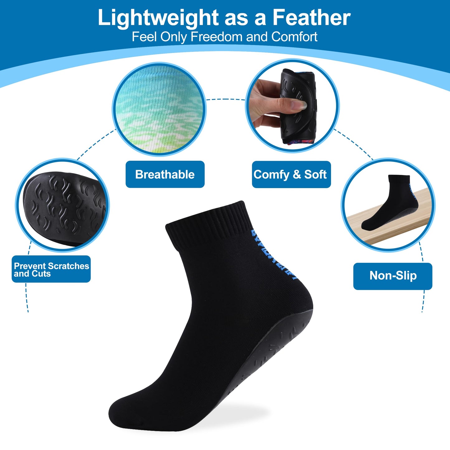 RANDY SUN Unisex Barefoot Quick-Dry Socks, Not Waterproof Sand Sport Shoes Protect Against Sharp Objects for Beach Swim Surf Yoga Aerobics Exercise(1 Pair Black Ankle Size 25)