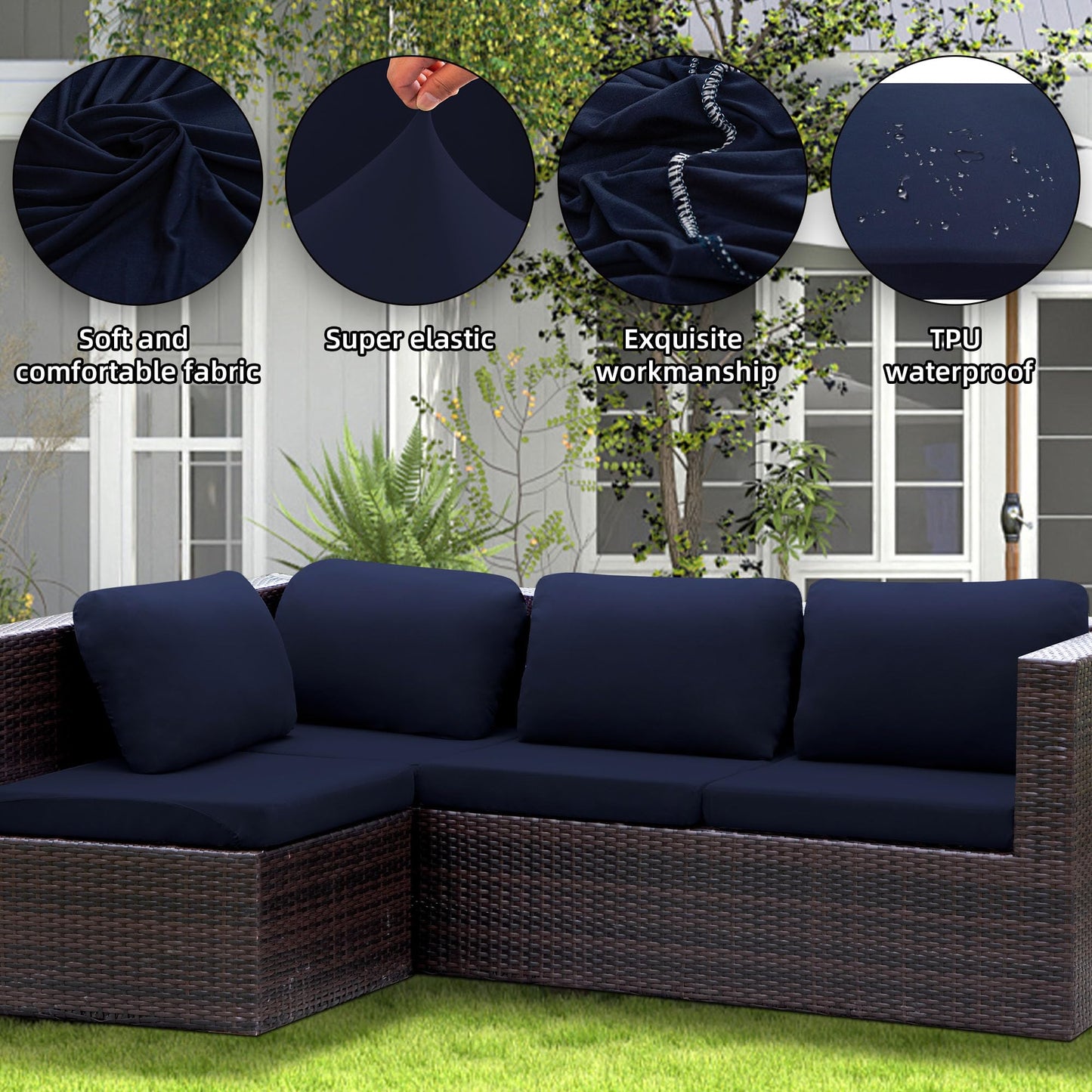 SUKAIKEQA 14Pcs Patio Cushion Covers Waterproof, Cushion Covers, Stretch Couch Covers, Patio Couch Slipcovers, Patio Cushion Covers Replacement, Outdoor Chair Cushion Covers (Navy Blue)