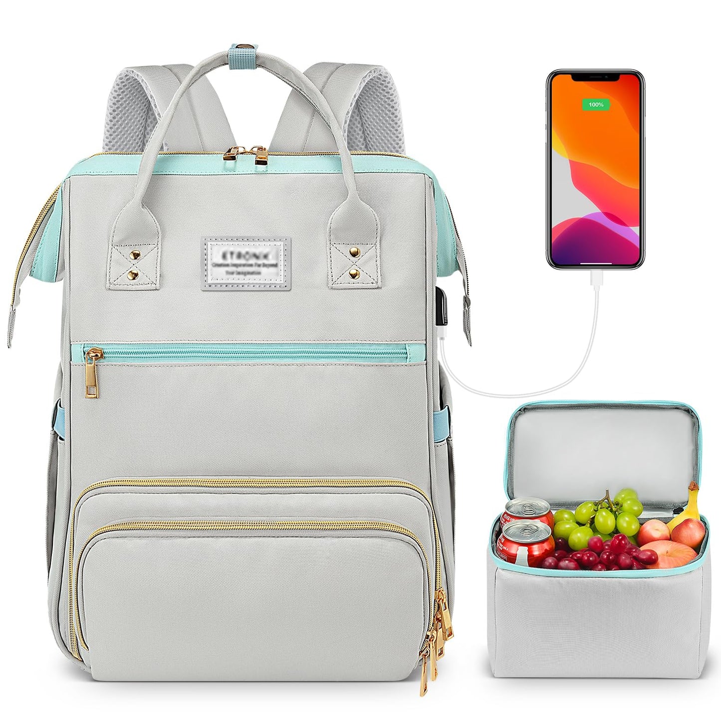 ETRONIK Lunch Backpack, 15.6 Inch Laptop Backpack with USB Port, Stylish Nurse, Teacher Work School Bag with Insulated Cooler Lunch Box for Women Men, College Backpack for Travel, Grey Blue