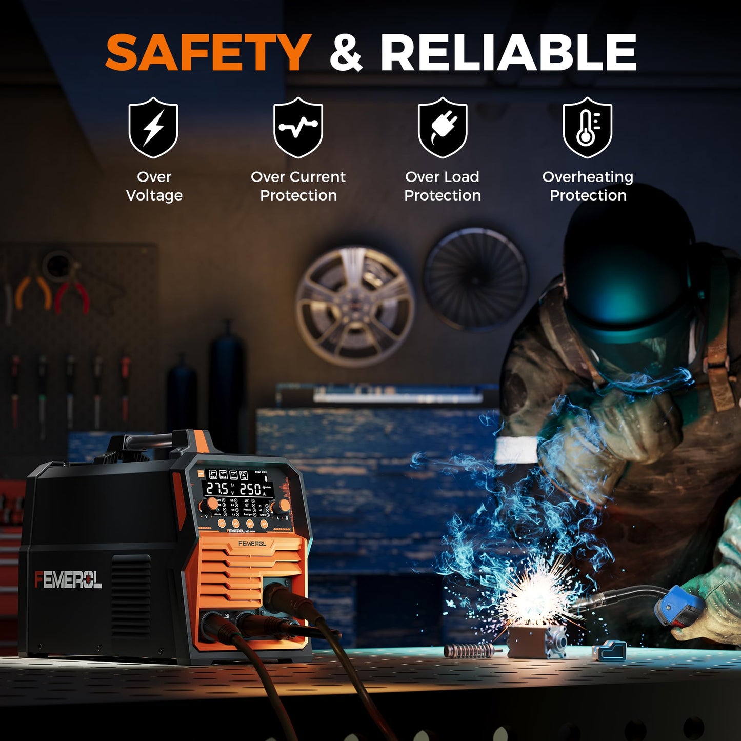FEMEROL 250A MIG Welder,6 in 1 Gas MIG/Gasless Flux Core/Stick/Lift TIG/Spot Welding/Spool Gun Compatible Aluminum Welding Machine Large LED Display 110V/220V Multi Process Welder