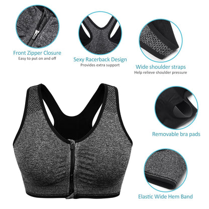 Women's Zip Front Sports Bra Wireless Post-Surgery, Yoga Sports Bras (L:Fit 34C,34,34D,34DD,36B,36C,38A,38B, 3 Pack(Black+Grey+Flesh))