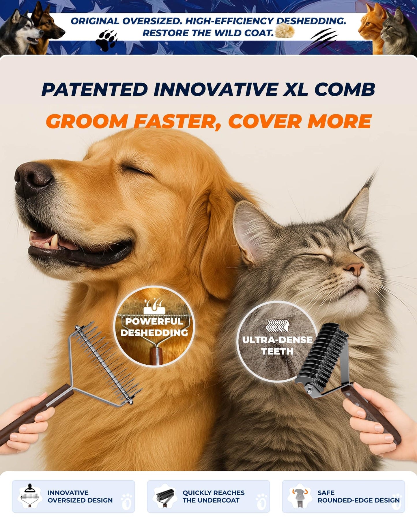 Extra Large 2-Sided Undercoat Rake for Dogs & Cats, Dog Brush for Shedding Remove Mats, Dematting Comb, Safe & Gentle Grooming Brush for German Shepherds Medium to Long-Haired Pets (Walnut Handle)