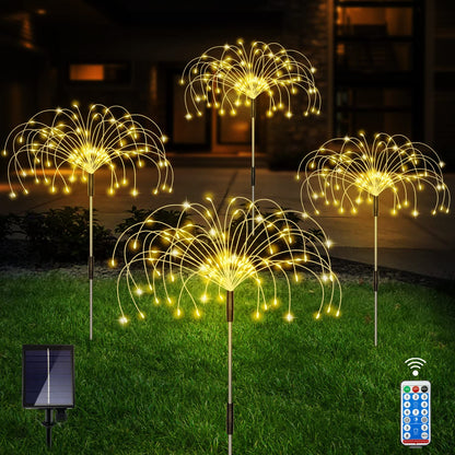 Solar Outdoor Warm White Garden Lights, 4 Pack Firework With 120 LED Starburst String 8 Modes Fairy With Remote, for Wedding Christmas, Lawn Backyard Party Patio Decoration