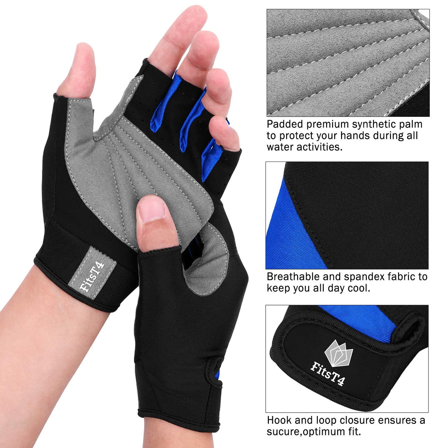 FitsT4 Sports Half Finger Padded Palm Gloves for Diving, Sailing, Jet Skiing, Stand-UP Boarding, Kayaking and Water Skiing, Suitable for Men&Women&Youth Blue M
