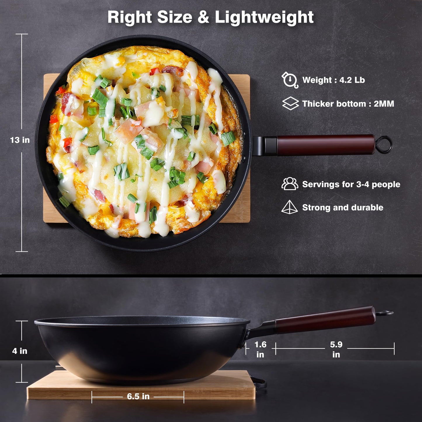 Teewe Carbon Steel Wok -13 Inch Woks & Stir-fry Pans Nonstick, Wok Pan with Lid Spatula and Dish Brush: Pre-Seasoned Flat Bottom Chinese Woks for Induction, Electric, Gas, All Stoves