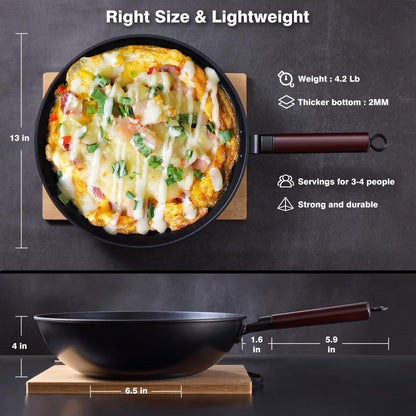 Teewe Carbon Steel Wok -13 Inch Woks & Stir-fry Pans Nonstick, Wok Pan with Lid Spatula and Dish Brush: Pre-Seasoned Flat Bottom Chinese Woks for Induction, Electric, Gas, All Stoves