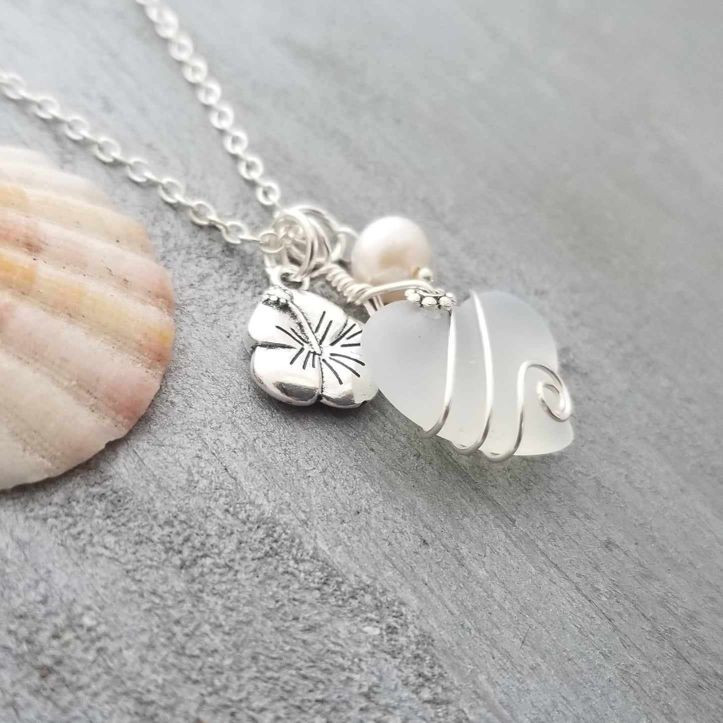 Yinahawaii Handmade Sea Glass Necklace, Wire Heart Necklace, Charm and Pearl Necklace, Sea Glass Jewelry Birthday Gift For Women (Moonstone - June)