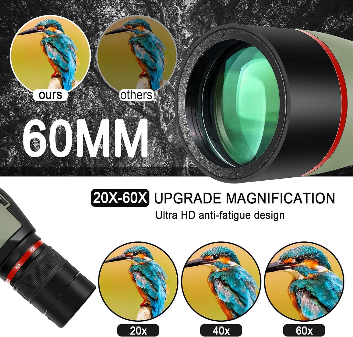 Gosky Spotting Scope, 20-60x60 Spotting Scopes for Target Shooting & Hunting & Bird Watching, BAK4 High Definition, Angled Spotter Scope with Tripod, Phone Adapter, Carrying Bag