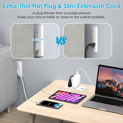 Recessed Power Strip USB C 20W,Flat Plug Ultra Thin Extension Cord,Furniture Desktop Charging Station for Side Table,End Table,Flush-Mount Desk Outlet Power Grommet,10ft Cord (White)