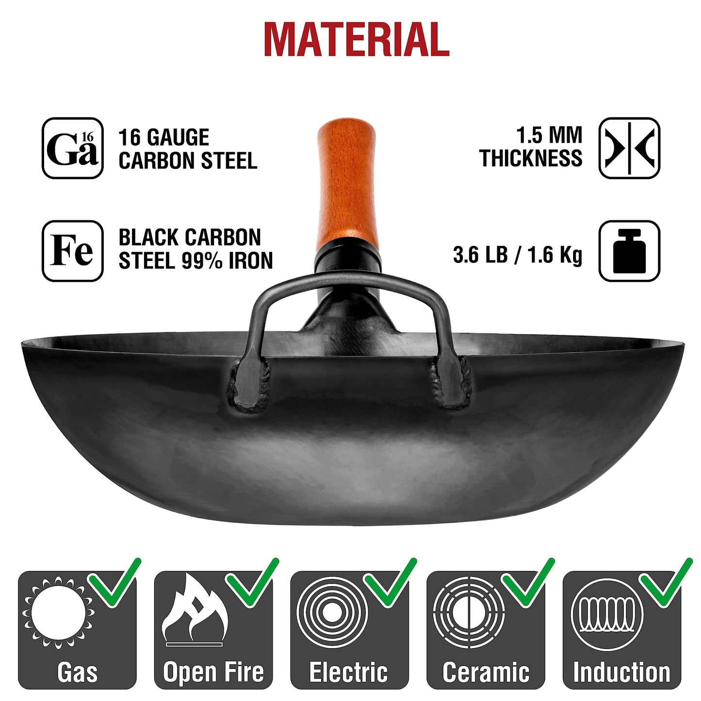 YOSUKATA 13.5" Carbon Steel Wok Pan – Pre-Seasoned Flat Bottom Pow Wok for Stir Fry, BBQ, Grill & Camping – Traditional Japanese Chinese Cookware – Compatible with Induction, Electric, Gas, Open Fire