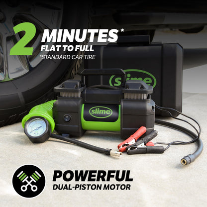 Slime 40026 Tire Inflator, Portable Car, SUV, 4x4 Air Compressor, Heavy Duty, 2x Pro Power, Heavy Duty, with Analog 150 psi Dial Gauge