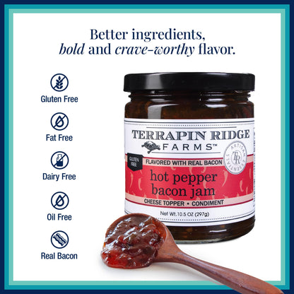 Terrapin Ridge Farms Hot Pepper Bacon Jam – Sweet & Spicy Spread with Real Bacon & Jalapeño – Gourmet Condiment for Cheese, Meats, and Appetizers – 10.5 oz Jar