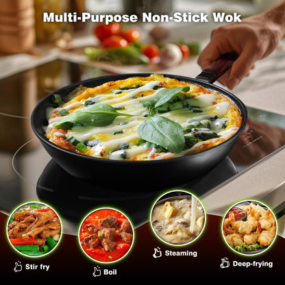 Teewe Carbon Steel Wok -13 Inch Woks & Stir-fry Pans Nonstick, Wok Pan with Lid Spatula and Dish Brush: Pre-Seasoned Flat Bottom Chinese Woks for Induction, Electric, Gas, All Stoves