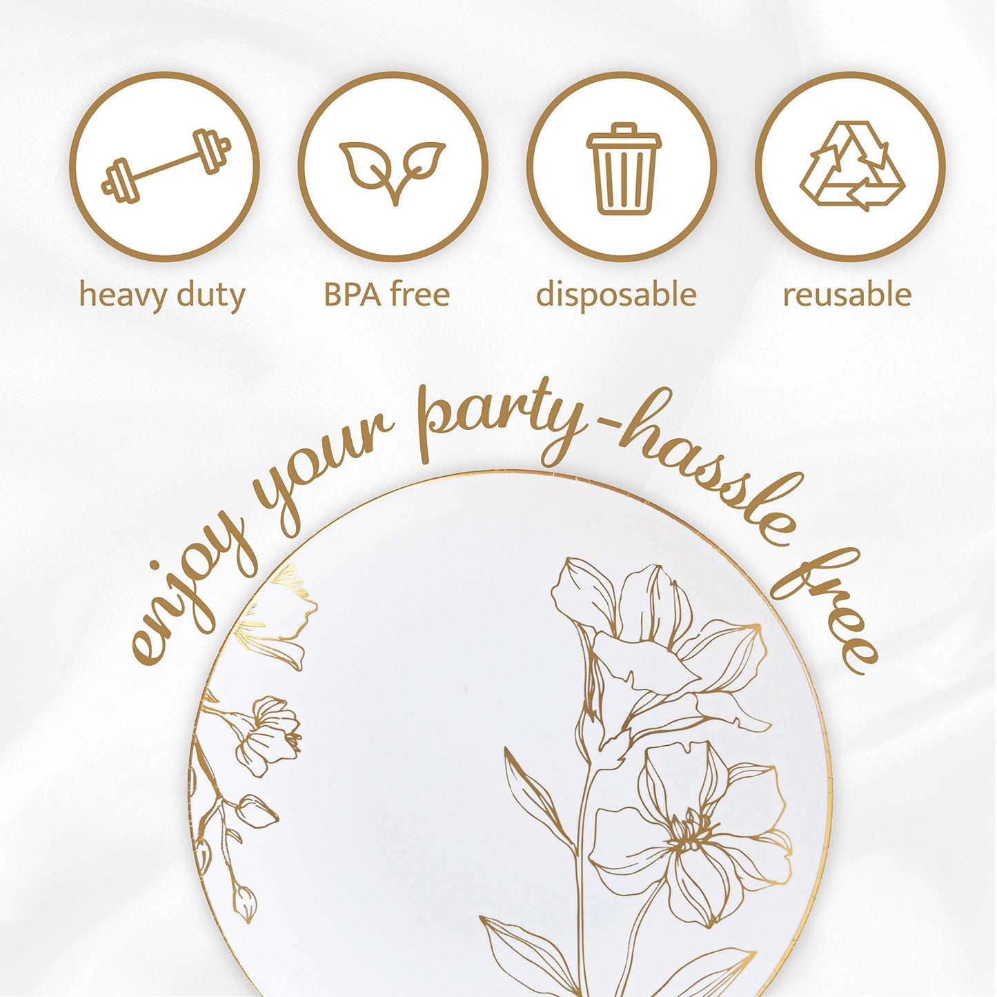 [6'' Plates 40 Count] White Plastic Floral Design Party Plates With Gold Rim Premium heavyweight Elegant Disposable Tableware Dishes