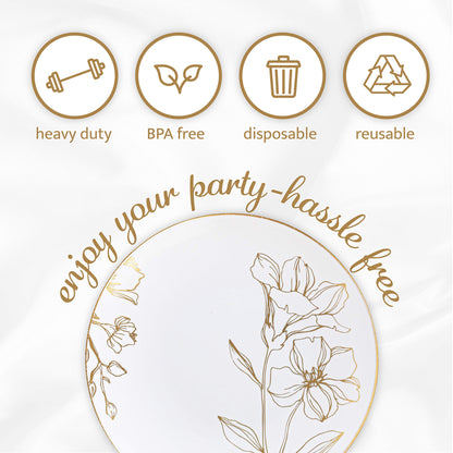 [6'' Plates 40 Count] White Plastic Floral Design Party Plates With Gold Rim Premium heavyweight Elegant Disposable Tableware Dishes