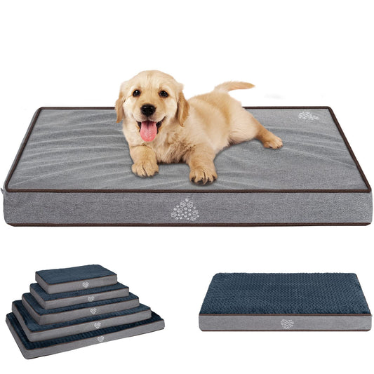VANKEAN Dog Bed Soft Crate Pad Mat Reversible Cool & Warm, Washable Comfy Kennel Pad with Orthopedic Egg-Crate Foam for Small Medium Large Dogs, Water-Resistant Pet Bed, Gray/Dark Blue