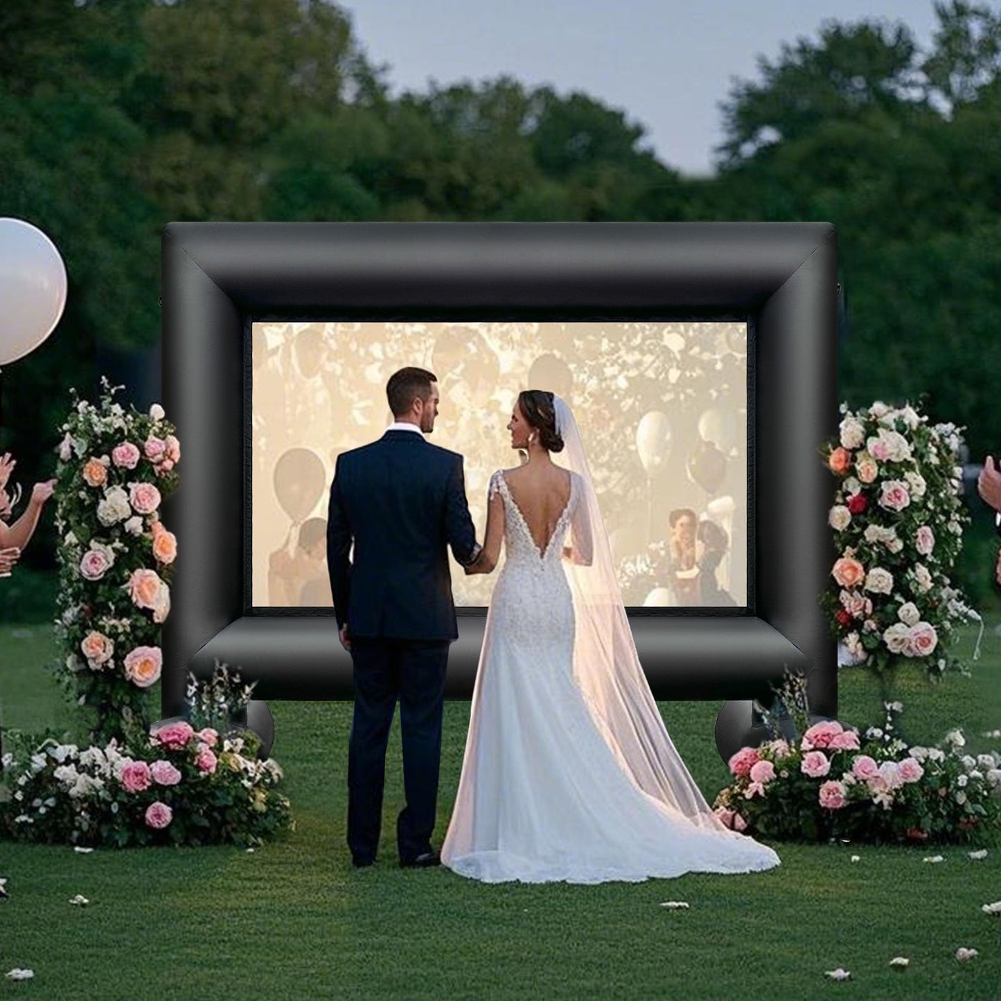 Sewinfla 12Ft Outdoor Inflatable Movie Projector Screen with Built-in Fan Supports Front and Rear Projection, Blow Up Movie Screen for Party, Easy to Set Up